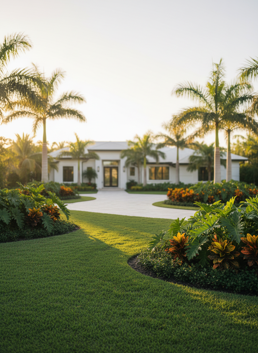 A lush Sarasota luxury estate front yard transformed into a tropical oasis, featuring meticulously manicured emerald-green zoysia grass, layered beds of glossy philodendrons, vivid crotons, and tall, swaying king palms. A curved travertine paver driveway leads toward a modern coastal-style home in the softly blurred background. Captured in warm late-afternoon sunlight, the scene glows with golden highlights on palm fronds and gentle shadows along the garden edging. Photographic realism with a clean, high-end aesthetic, shot at eye level with a slight wide-angle lens to showcase the full property frontage and crisp detail throughout, conveying professional, exceptional landscaping suitable for Sarasota’s finest homes.