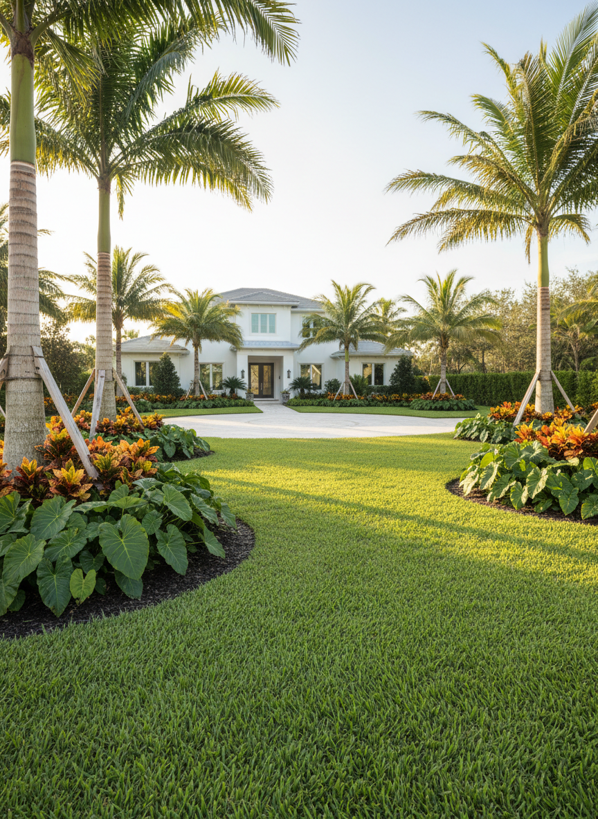 A lush Sarasota luxury estate front yard transformed into a tropical oasis, featuring meticulously manicured emerald-green zoysia grass, layered beds of glossy philodendrons, vivid crotons, and tall, swaying king palms. A curved travertine paver driveway leads toward a modern coastal-style home in the softly blurred background. Captured in warm late-afternoon sunlight, the scene glows with golden highlights on palm fronds and gentle shadows along the garden edging. Photographic realism with a clean, high-end aesthetic, shot at eye level with a slight wide-angle lens to showcase the full property frontage and crisp detail throughout, conveying professional, exceptional landscaping suitable for Sarasota’s finest homes.