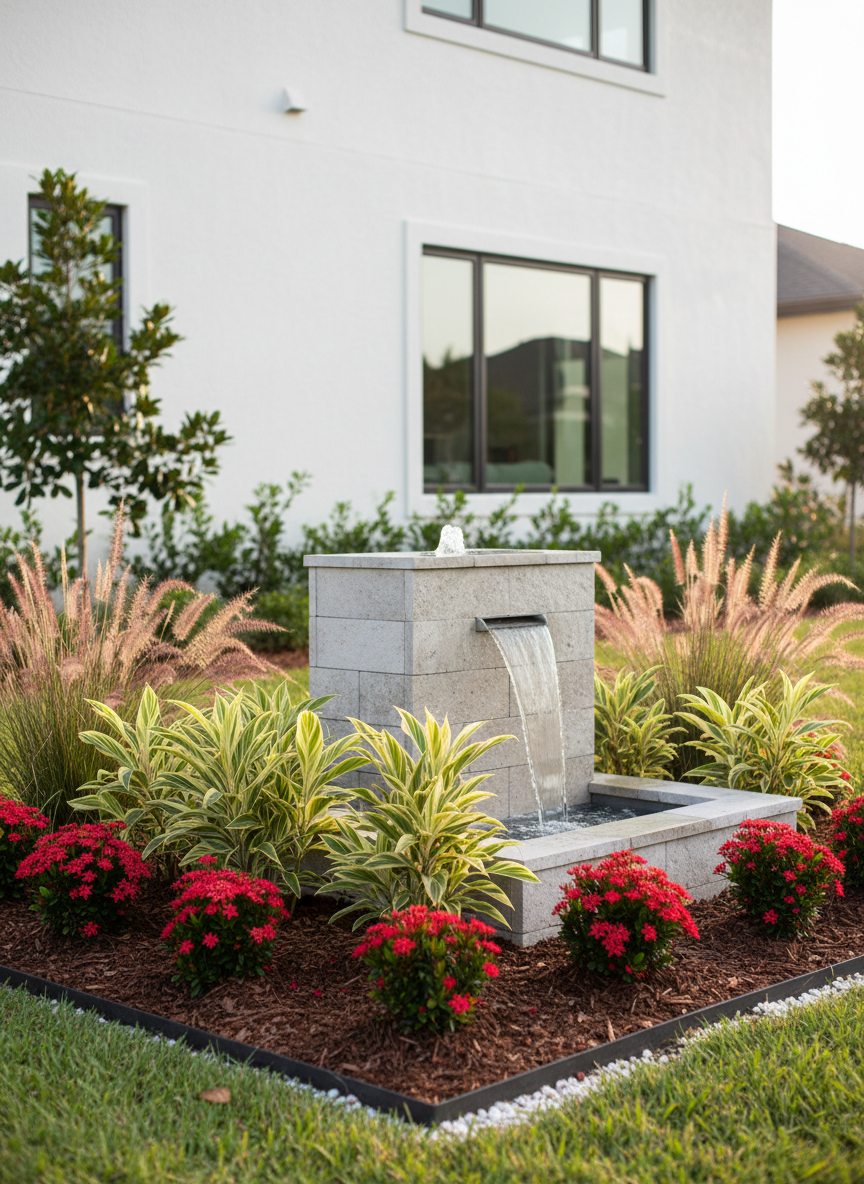 A precisely maintained Sarasota coastal garden showcasing a symmetrical design of tropical specimen plants arranged around a modern stone water feature. The central fountain, built from stacked limestone with a smooth basin, trickles clear water that catches soft morning light. Surrounding it are neatly mulched beds with variegated ginger, dwarf ixora, and ornamental grasses, bordered by clean, straight lines of dark metal edging. The background reveals the side of a contemporary white stucco home, softly out of focus. Photographic realism with a calm, organized mood, captured at eye level using the rule of thirds to place the fountain slightly off-center, highlighting both craftsmanship and botanical detail for a professional landscaping portfolio.