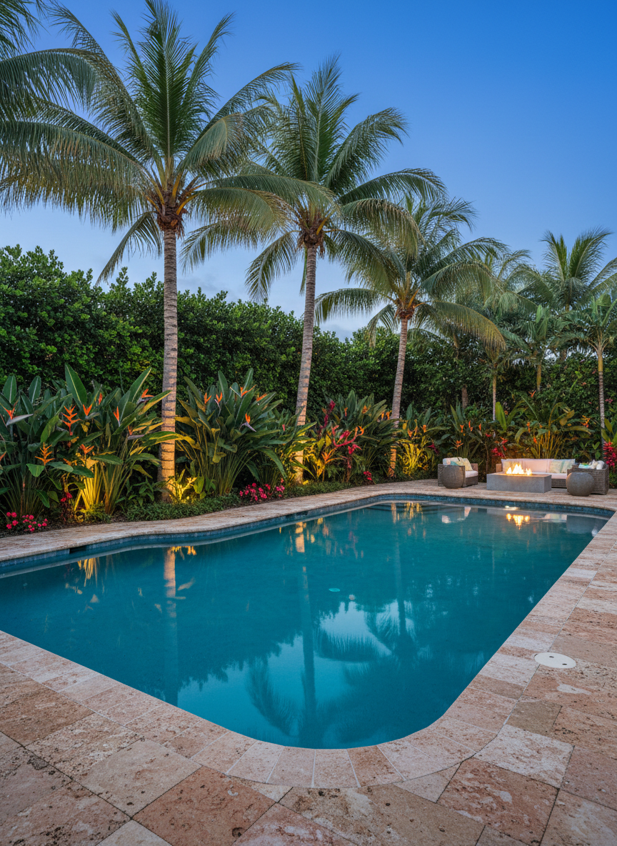 An elegant backyard tropical retreat in Sarasota, centered around a crystal-clear pool edged with natural coral stone pavers and framed by dense, layered tropical plantings. Mature coconut palms, bird of paradise, and clusia hedges create privacy walls of deep green foliage, accented by pops of color from heliconia and hibiscus. Low-voltage landscape lighting subtly uplights trunks and accent plants, while soft twilight lingers in a cobalt-blue sky. Photographic realism, shot from a slightly elevated corner angle to capture the full layout, with reflections shimmering on the water’s surface. The mood is serene, exclusive, and resort-like, emphasizing high-end, professionally designed outdoor living.