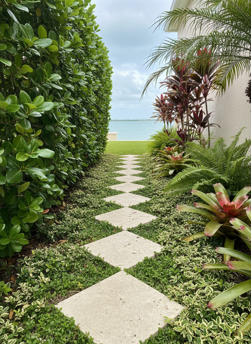 A Sarasota waterfront property’s meticulously designed side yard, featuring a narrow travertine stepping-stone path set in groundcover of sunlit dwarf mondo grass and low-growing asiatic jasmine. On one side, a dense hedge of glossy clusia provides privacy; on the other, layered plantings of bromeliads, foxtail ferns, and colorful ti plants create rich tropical texture. Gentle, diffused overcast light ensures even tones and soft shadows, enhancing every leaf’s surface detail. Photographic realism, captured from a low, pathway-level perspective that leads the eye toward a glimpse of sparkling bay water in the distance. The mood is intimate and refined, showcasing efficient use of limited space through expert landscape design.