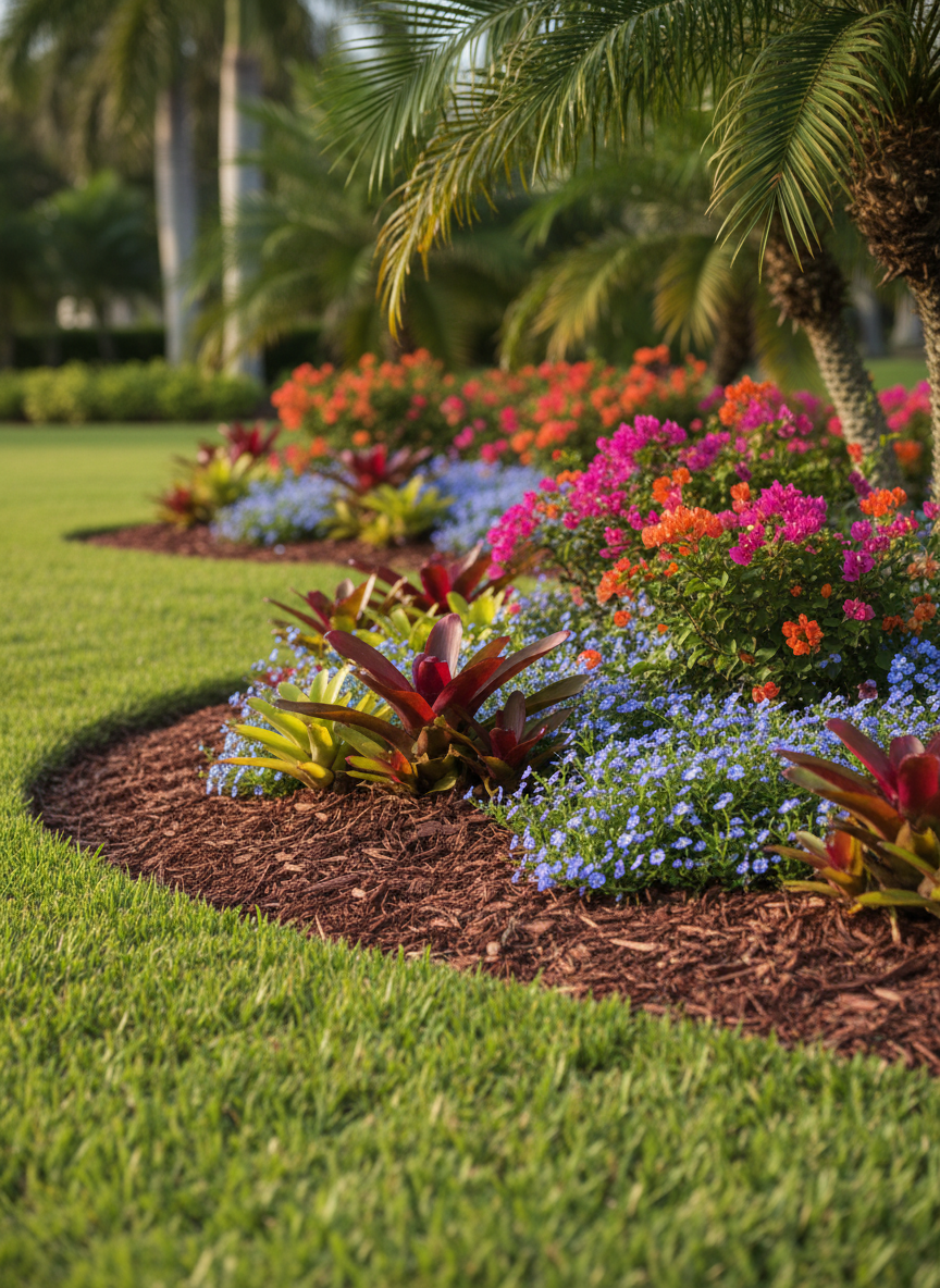 A close-up, detail-rich view of a professionally installed tropical planting bed ideal for Sarasota estates, highlighting layered composition and immaculate maintenance. Foreground features a crisp, curved line of dark brown mulch edging against a flawless green lawn. Just behind, staggered groupings of bromeliads with red and chartreuse rosettes, low-growing blue daze groundcover, and mid-height dwarf bougainvillea create depth and color contrast. Soft, early-morning side light casts delicate shadows between leaves, emphasizing textures and gloss. Photographic realism with a shallow depth of field, keeping the first two plant layers in razor-sharp focus while the background softly blurs. The atmosphere is polished and professional, perfect for showcasing craftsmanship in tropical landscape plant selection and bed design.