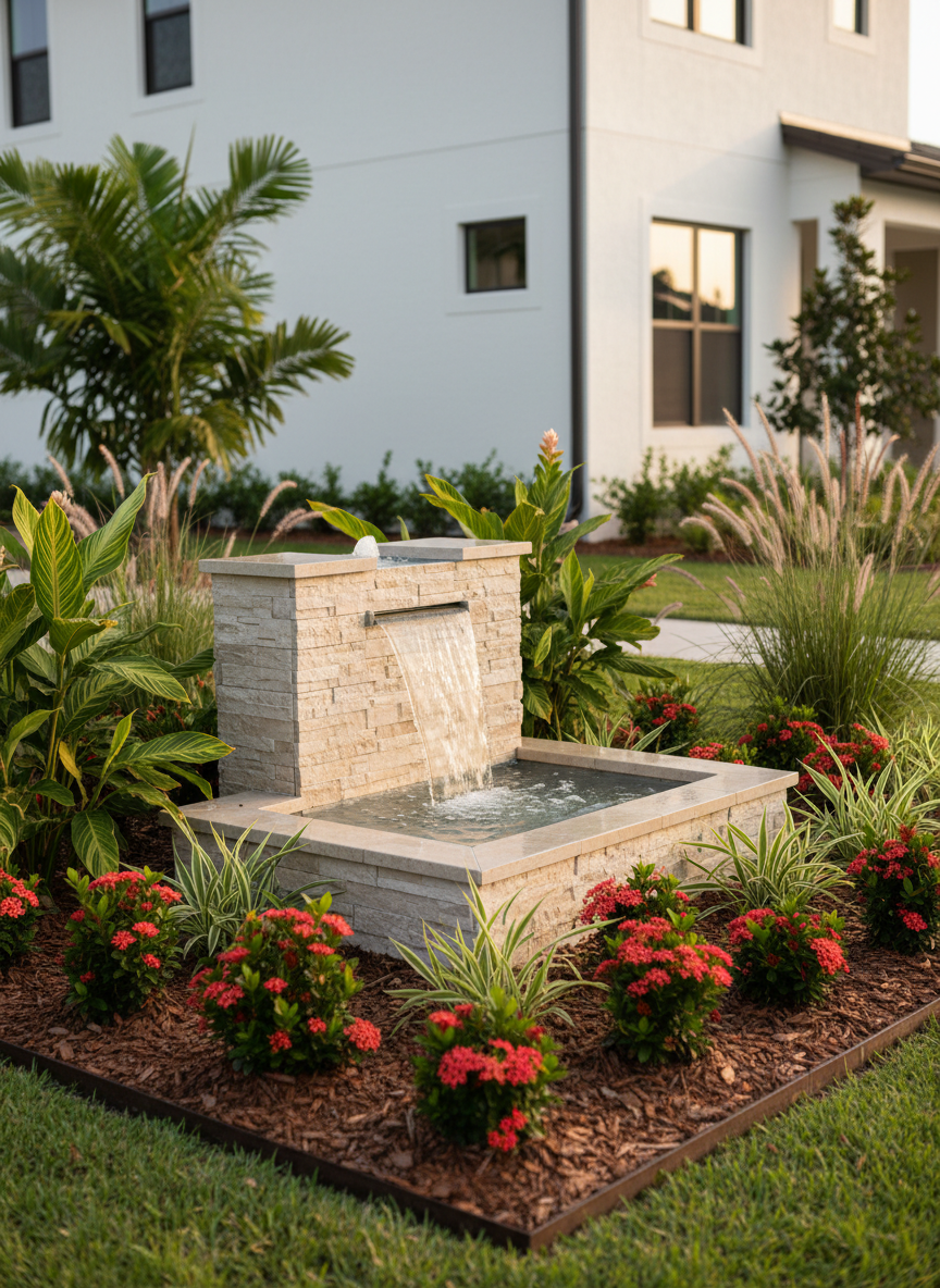 A precisely maintained Sarasota coastal garden showcasing a symmetrical design of tropical specimen plants arranged around a modern stone water feature. The central fountain, built from stacked limestone with a smooth basin, trickles clear water that catches soft morning light. Surrounding it are neatly mulched beds with variegated ginger, dwarf ixora, and ornamental grasses, bordered by clean, straight lines of dark metal edging. The background reveals the side of a contemporary white stucco home, softly out of focus. Photographic realism with a calm, organized mood, captured at eye level using the rule of thirds to place the fountain slightly off-center, highlighting both craftsmanship and botanical detail for a professional landscaping portfolio.