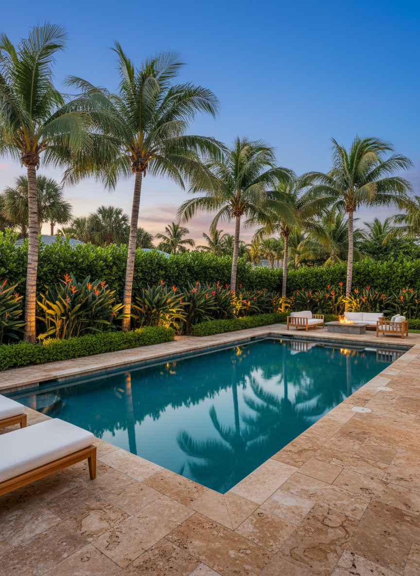 An elegant backyard tropical retreat in Sarasota, centered around a crystal-clear pool edged with natural coral stone pavers and framed by dense, layered tropical plantings. Mature coconut palms, bird of paradise, and clusia hedges create privacy walls of deep green foliage, accented by pops of color from heliconia and hibiscus. Low-voltage landscape lighting subtly uplights trunks and accent plants, while soft twilight lingers in a cobalt-blue sky. Photographic realism, shot from a slightly elevated corner angle to capture the full layout, with reflections shimmering on the water’s surface. The mood is serene, exclusive, and resort-like, emphasizing high-end, professionally designed outdoor living.